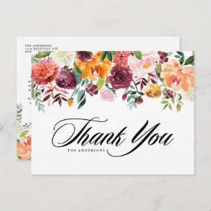 Cartão Postal Watercolor Autumn Blooms Garland Floral Obrigado