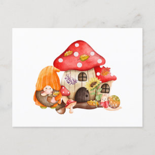 Cartão Postal Watercolor Autumn Gnome e Mushroom House