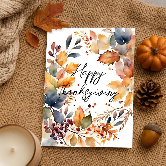 Cartão Postal Watercolor Autumn Wreath Happy Ação de Graças (Criador carregado)