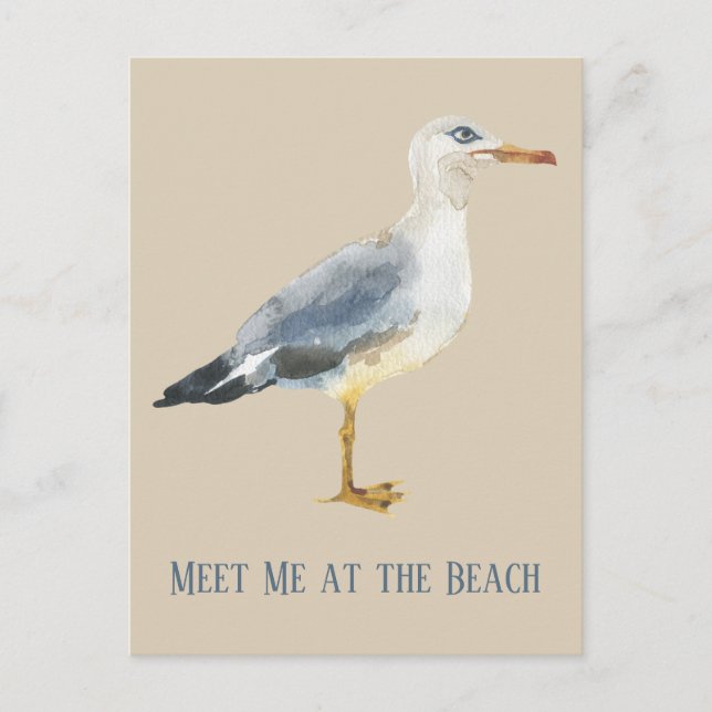 Cartão Postal Watercolor Beach Seagull Personalized (Frente)