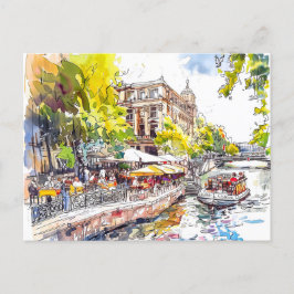 Cartão Postal Watercolor Berlin Mitte Spree River Cafe