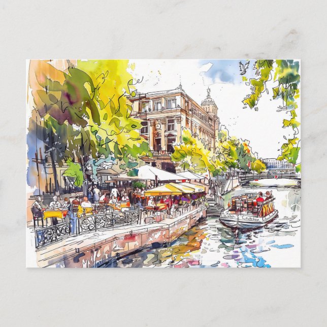 Cartão Postal Watercolor Berlin Mitte Spree River Cafe (Frente)