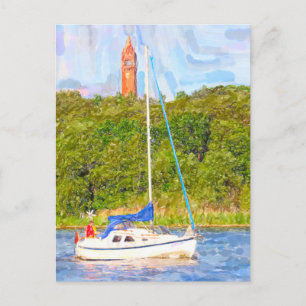 Cartão Postal Watercolor Berlin. Torre Grunewald e barco Havel