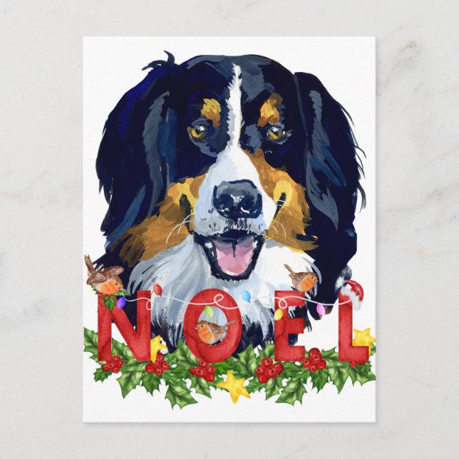 Cartão Postal Watercolor Bernese Mountain Dog Natal (Frente)