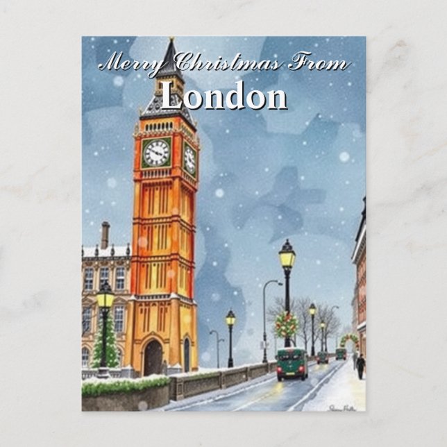 Cartão Postal Watercolor Big Ben London Feriados de Natal (Frente)