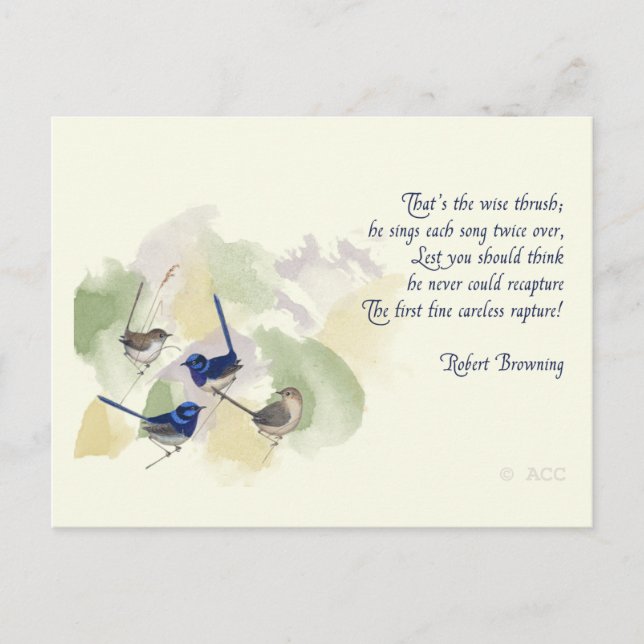 Cartão Postal Watercolor Birds Robert Browning Poem (Frente)