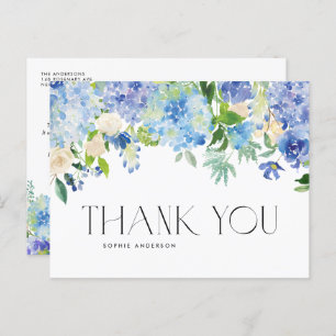 Cartão Postal Watercolor Blue Hydrangea e Ivory Rosa Obrigado