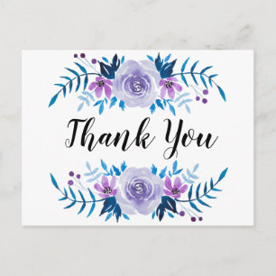 Cartão Postal Watercolor Blue Purple Floral Wreath Obrigado