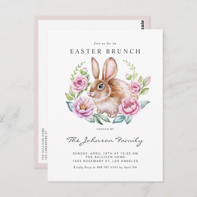Cartão Postal Watercolor Bunny and Pink Flowers Easter Party (Frente/Verso)