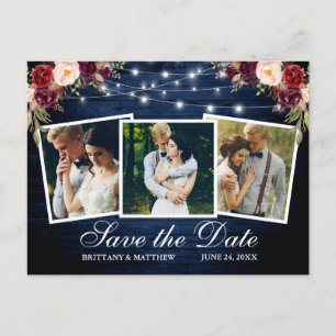 Cartão Postal Watercolor Burgundy Floral Blue Wood 3 Foto