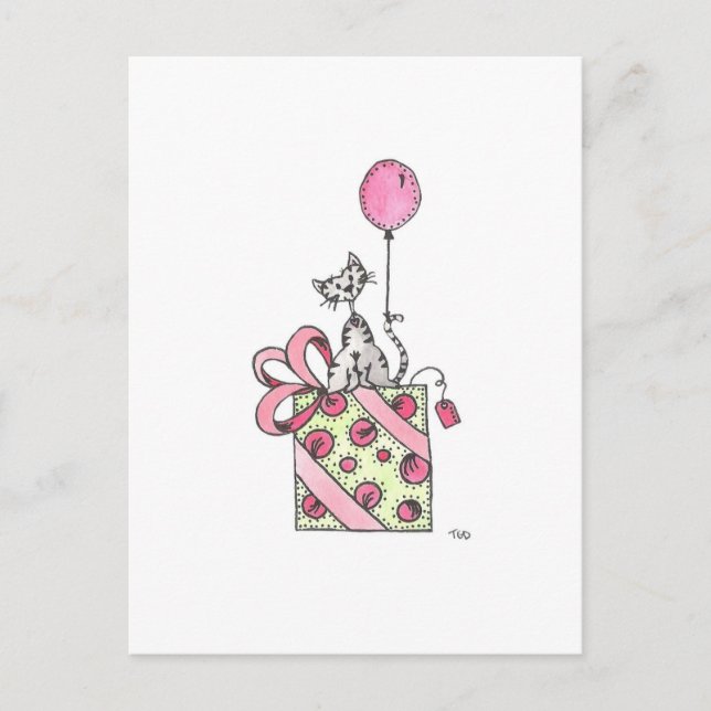 Cartão Postal Watercolor Cat Birthday Presente (Frente)