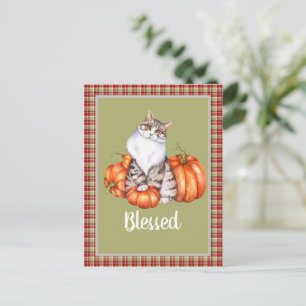 Cartão Postal Watercolor Cat e Pumpkins abençoados Ação de Graça