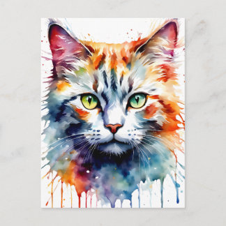 Cartão Postal Watercolor Cat Multicolor Splash art