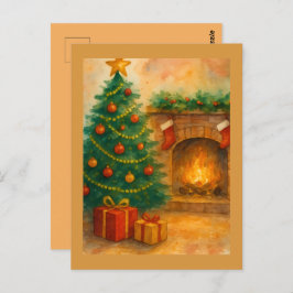 Cartão Postal Watercolor Christmas Tree & Cozy Fireplace Holiday
