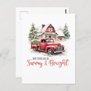 Cartão Postal Watercolor Christmas Vintage Truck and Barn