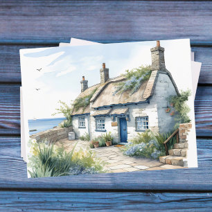 Cartão Postal Watercolor Cornwall Seaside Cottage