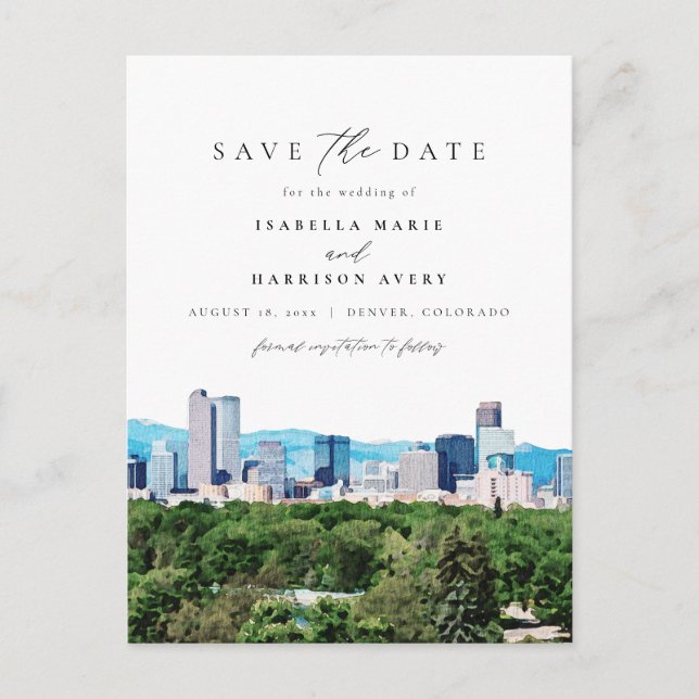 Cartão Postal Watercolor Denver Colorado Ski Mountain Skyline (Frente)