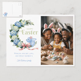 Cartão Postal Watercolor Easter Hydrangea Cute Bunny Photo