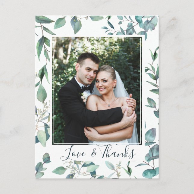 Cartão Postal Watercolor Eucalyptus - Foto De Casamento Obrigado (Frente)