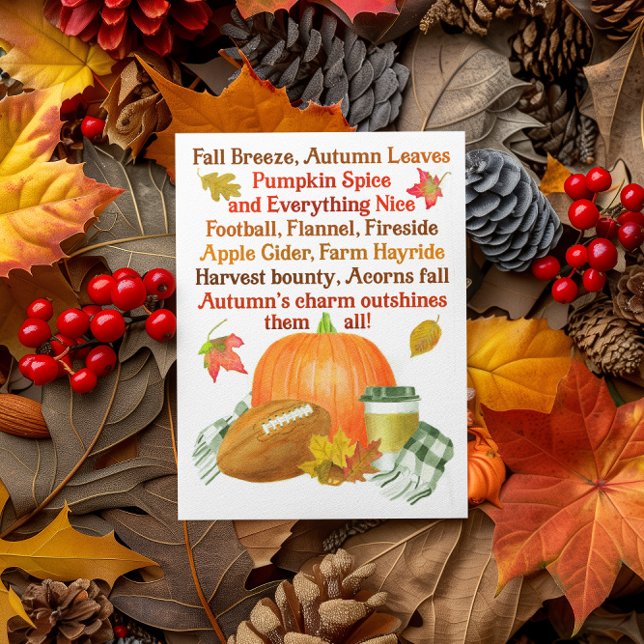 Cartão Postal Watercolor Fall Football Pumpkin Latte Poem (Criador carregado)