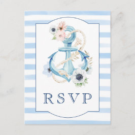 Cartão Postal Watercolor Floral Blue Stripes Beach Weding RSVP