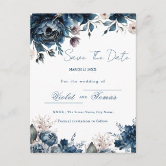 Cartão Postal Watercolor floral bouquet navy blue Save The Date