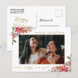 Cartão Postal Watercolor Floral Photo Christmas