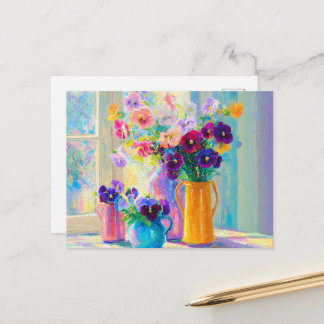 Cartão Postal Watercolor Floral Purple and Pink Pansies