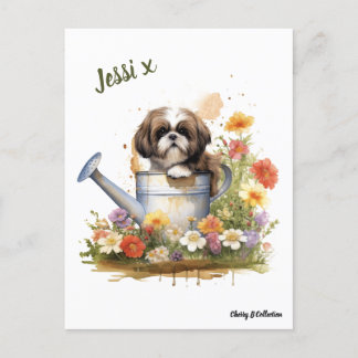 Cartão Postal Watercolor Floral Shih Tzu, pode ser personalizado