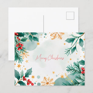 Cartão Postal Watercolor - Folhas de Natal Merry