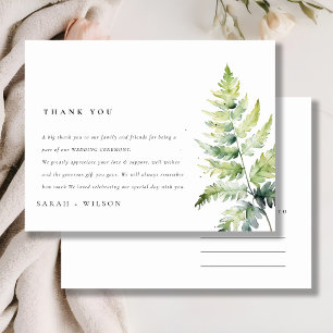 Cartão Postal Watercolor Green Fern Foliage Obrigado Casamento