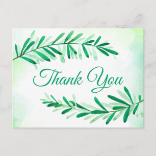 Cartão Postal Watercolor Green Folaves Obrigado Leaf Vintage