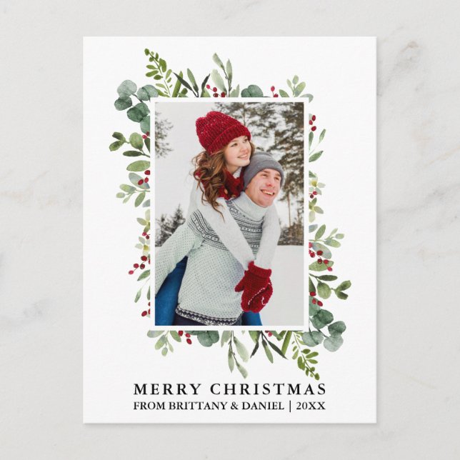 Cartão Postal Watercolor Greenery Berries Casal Natal (Frente)