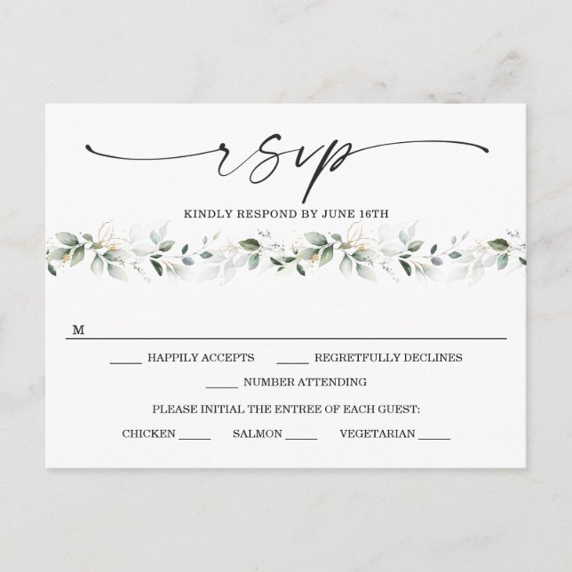 Cartão Postal Watercolor Greenery com RSVP de Casamento Dourado (Frente)