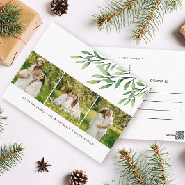 Cartão Postal Watercolor Greenery Modern 3 Photo Holiday