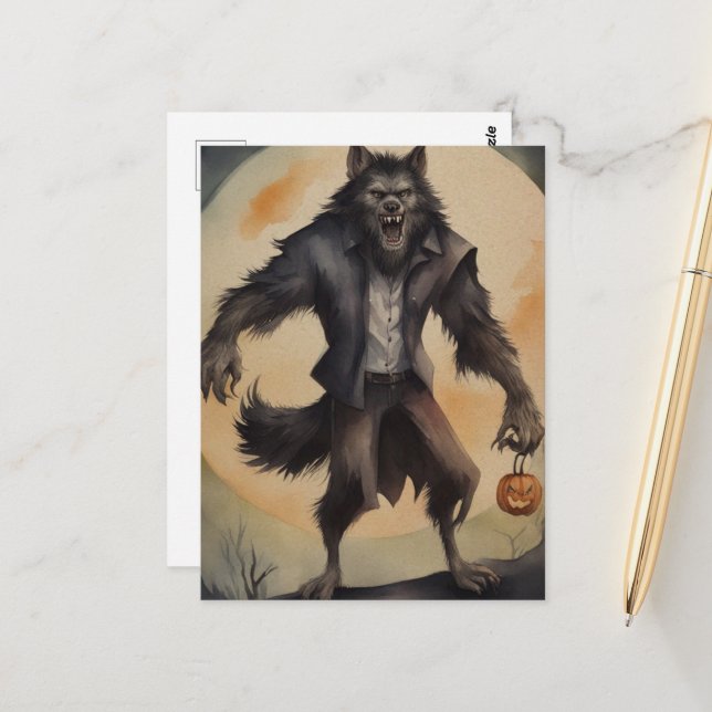 Cartão Postal Watercolor Halloween Werewolf (Frente/Verso In Situ)
