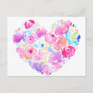 Cartão Postal Watercolor Heart. Flor Coração
