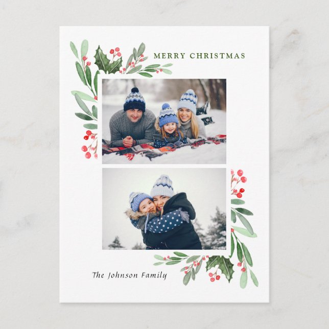 Cartão Postal Watercolor Holly Berry Christmas 2 FOTO Saudação (Frente)