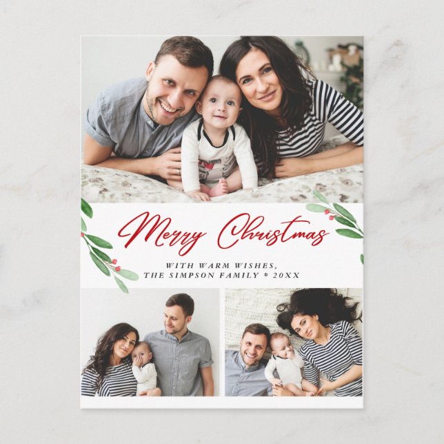 Cartão Postal Watercolor Holly Berry Christmas 3 FOTO Saudação (Frente)
