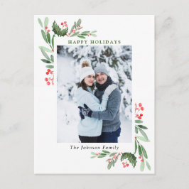 Cartão Postal Watercolor Holly Berry, foto de Natal Saudação