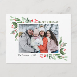 Cartão Postal Watercolor Holly Berry, foto de Natal Saudação