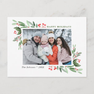 Cartão Postal Watercolor Holly Berry, foto de Natal Saudação