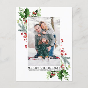 Cartão Postal Watercolor Holly Christmas Greenery Family Foto
