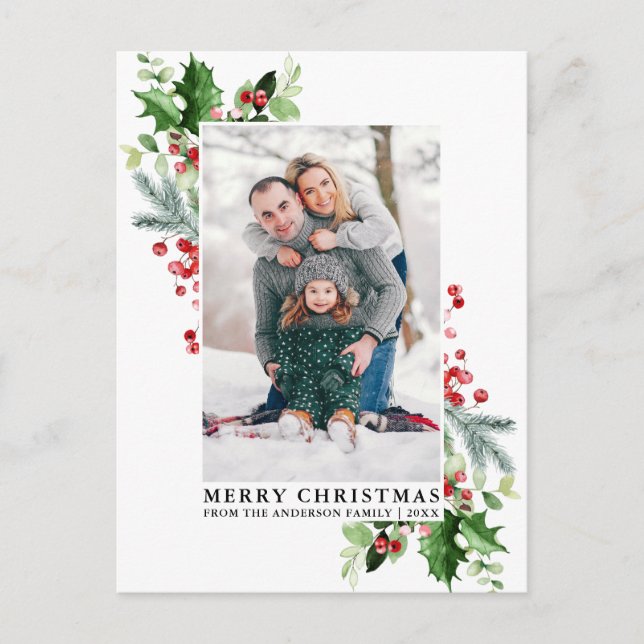 Cartão Postal Watercolor Holly Christmas Greenery Family Foto (Frente)
