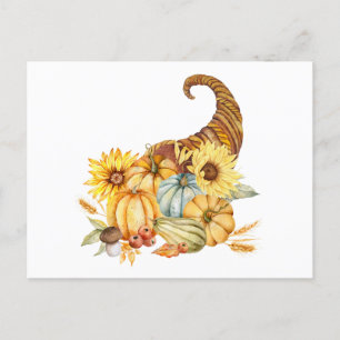 Cartão Postal Watercolor Horn of Plenty with Pumpkins, Sunflower