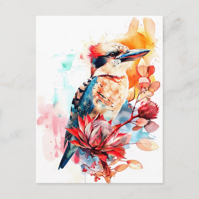 Cartão Postal Watercolor Kookaburra na Protea (Frente)