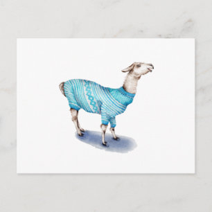 Cartão Postal Watercolor Llama em Blue Sweater