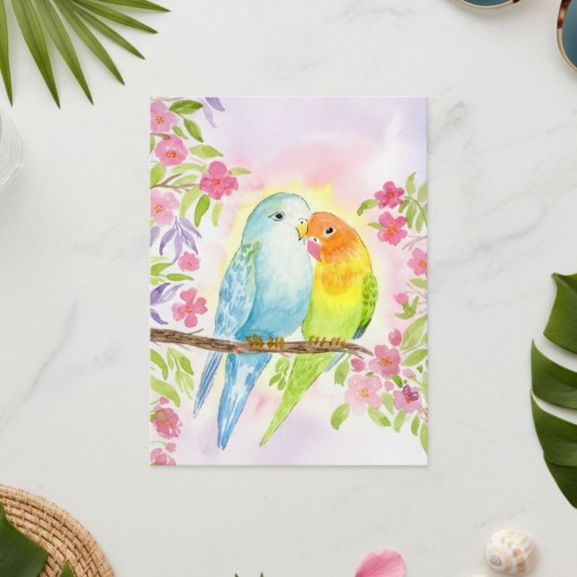 Cartão Postal Watercolor Love Birds with Pink Flowers (Criador carregado)