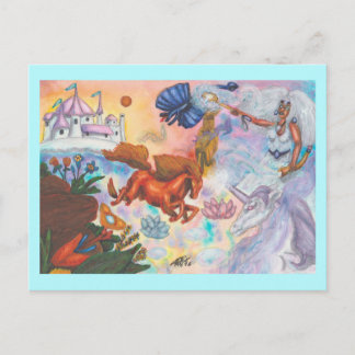Cartão Postal Watercolor Painting Unicorn Opal Fairy Dragon Fire
