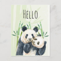 Watercolor Panda Bears Mãe e Bebê Olá em Bambu